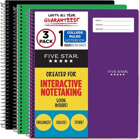 Five Star Interactive Notetaking, 1 Subject, College Ruled Spiral Notebooks, 100 Sheets, 11" x 8-1/2", 6 Pack (38585) in Saudi Arabia