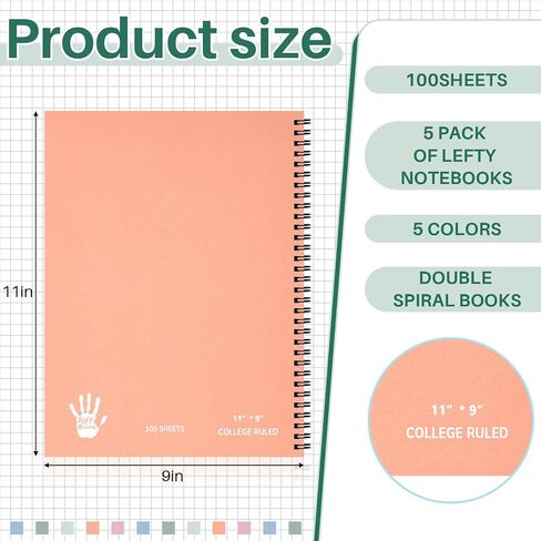 Henoyso 5 Pieces Jumbo Left Handed Notebook 100 Sheets/200Pages Left Handed Notebook 11 x 9 Inches Spiral Notebook Lefty Notebooks for Easier Left Handed Use Supplies (Morandi Color) in Kuwait
