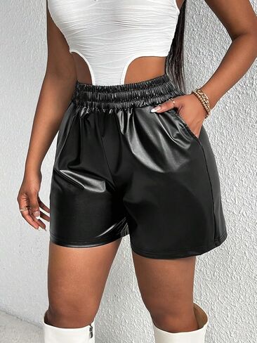 MakeMeChic Women's Elastic High Waisted Faux Leather Straight Wide Leg Pocket Mini Shorts in Saudi Arabia