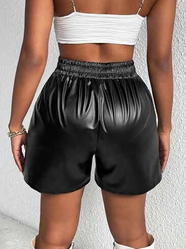 MakeMeChic Women's Elastic High Waisted Faux Leather Straight Wide Leg Pocket Mini Shorts in Saudi Arabia
