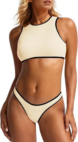 Saodimallsu High Neck Swimsuits for Women Color Block Bikini Sets Cutout Crop Top Brazilian Bottom 2 Piece Bathing Suits in Saudi Arabia