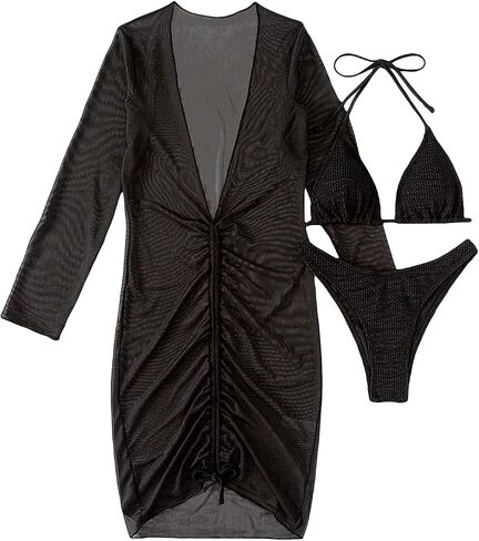 SOLY HUX 3 Piece Long Sleeve Swimsuits for Women Halter Triangle Bikini with Bathing Suit Cover Up in Saudi Arabia