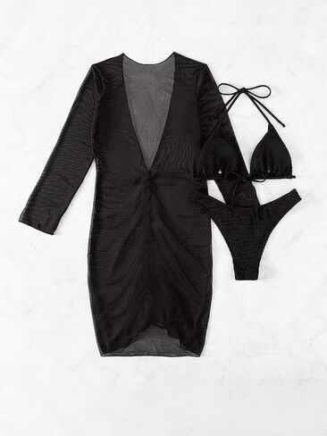 SOLY HUX 3 Piece Long Sleeve Swimsuits for Women Halter Triangle Bikini with Bathing Suit Cover Up in Saudi Arabia