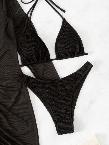 SOLY HUX 3 Piece Long Sleeve Swimsuits for Women Halter Triangle Bikini with Bathing Suit Cover Up in Saudi Arabia