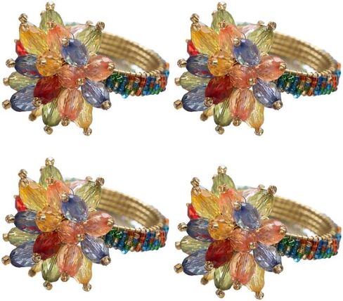 20311 تصميم زهرة مطرز، خاتم منديل عشاء أكريليك متعدد الألوان مقاس 2 بوصة؛ مجموعة من 4 in Kuwait