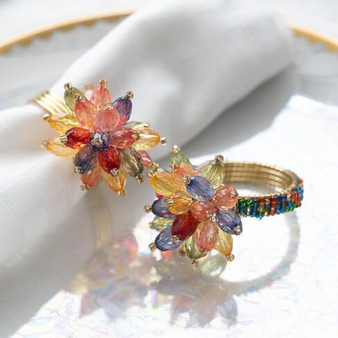 20311 تصميم زهرة مطرز، خاتم منديل عشاء أكريليك متعدد الألوان مقاس 2 بوصة؛ مجموعة من 4 in Kuwait