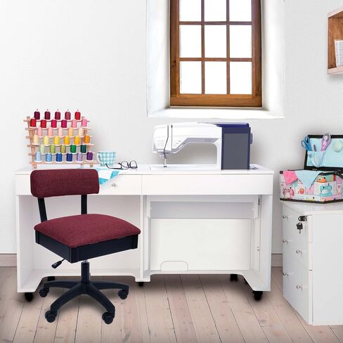 كرسي خياطة وحرف هيدروليكي بارتفاع قابل للتعديل H8150 من Arrow Sewing مع مساحة تخزين أسفل المقعد ونسيج متين، قماش أحمر ياقوتي على شكل تاج in Kuwait