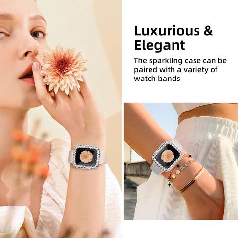 Bling Bumper Case Women Compatible with Apple Watch 45mm Full Diamond Protective Face Cover PC Frame Protector Accessories for iWatch Series 7/8/9 Silver(No Screen Protector in Saudi Arabia