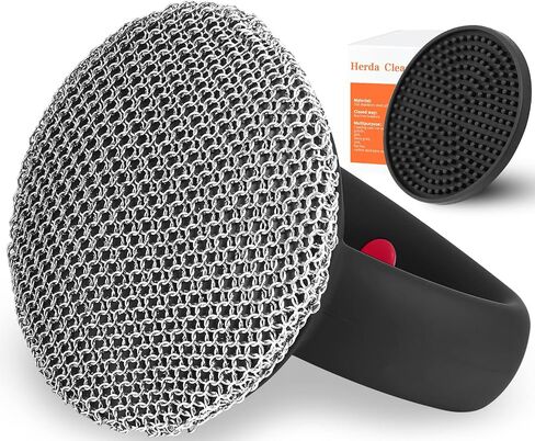 Cast Iron Cleaner Brush with Handle, Soldered Fine Chainmail Scrubber Brush - Small Ring Round Chain Link Pan Pot Scrub, Metal Brush to Clean Iron Skillet, Cast Iron Griddle Cleaning Brush by Herda in Saudi Arabia