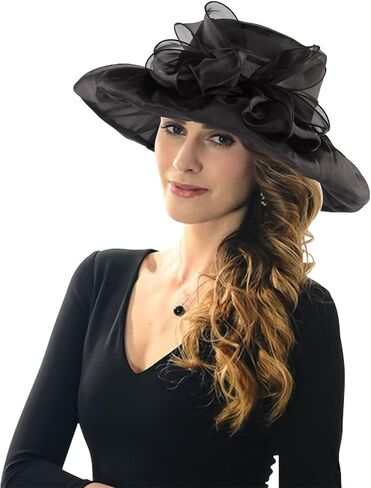 Womens Sun Hat Organza Wide Brim Wedding Hats Ladies Summer Gauze Cap for Church Wedding Party Beach Travel Outgoing Black in Saudi Arabia