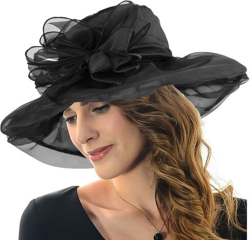 Womens Sun Hat Organza Wide Brim Wedding Hats Ladies Summer Gauze Cap for Church Wedding Party Beach Travel Outgoing Black in Saudi Arabia