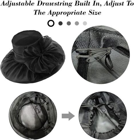 Womens Sun Hat Organza Wide Brim Wedding Hats Ladies Summer Gauze Cap for Church Wedding Party Beach Travel Outgoing Black in Saudi Arabia