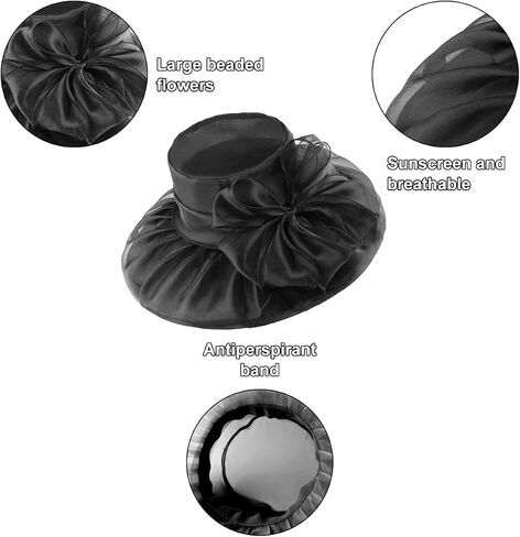 Womens Sun Hat Organza Wide Brim Wedding Hats Ladies Summer Gauze Cap for Church Wedding Party Beach Travel Outgoing Black in Saudi Arabia
