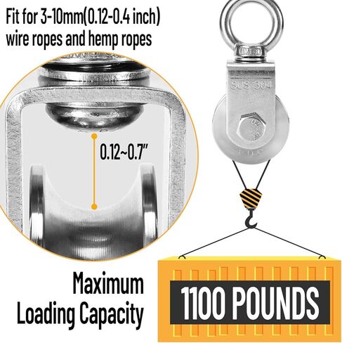 Pulley Wheel Heavy Duty Single Wheel Swivel Pulley Block Duplex Bearing 304 Stainless Steel 360 Degree Rotation Smooth Loading 500 KG for Material Handling and Moving Lifting in Kuwait