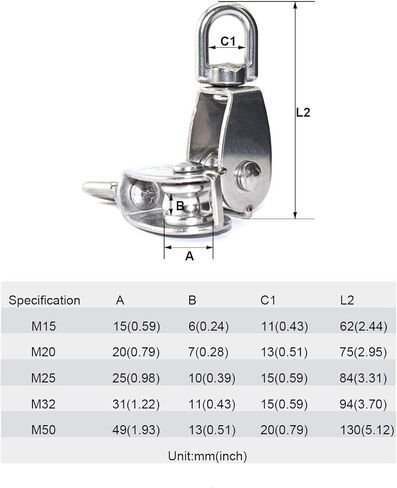 2PCS Lifting Single Pulley Stainless Steel Heavy Duty Single Wheel Swivel Lifting Rope Pulley Block M32 in Saudi Arabia