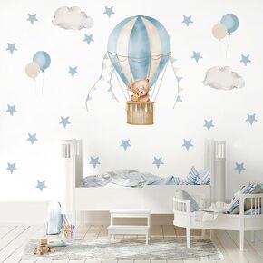 Hot Air Balloon Wall Decal, Watercolor Wall Art for Kids,Bear Stickers for Boys, Nursery Wall Decorations 16.32"x14.56"