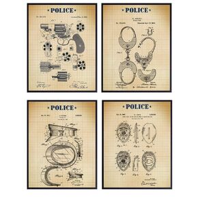 Police Patent Art Prints - Vintage Wall Art Poster Set - Chic Rustic Home Decor for Living Room, Man Cave, Game Room - Gift for First Responders, Law Enforcement Officers, Policemen - 8x10 Photos