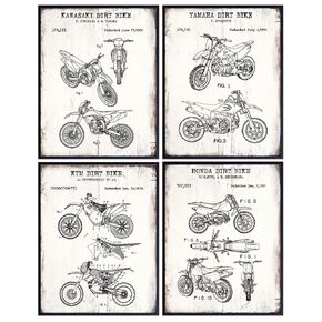 Motorcycle Patent Prints - 8x10 Dirt Bike Wall Art Poster Set - Vintage Rustic Home Decor for Man Cave, Boys, Kids, Teens Room, Office, Garage, Den - Gift for Dirtbike Fans - 8x10 Photo - Unframed