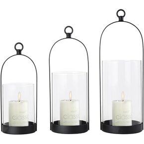 Decorative Lanterns Candle Holder, Black Metal Candle Lanterns Set of 3, Hanging Lanterns Decor with Clear Glass for Indoor Outdoor, Iron Candle Holder for Table Centerpiece Fireplace Mantles