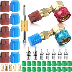R1234yf Adapter R1234yf to R134a Quick Coupler High Low Side Ac Fitting Adapter with Valve Core Hose Seal Thimble Valve Core Remover for Car AC Air Conditioner Refrigerant System (90 Degrees)