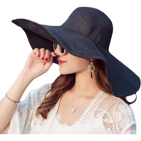 Women Folable Floppy Sun Hat Wide Brim Sun Protection Straw Hat Summer UV Protection Beach Hat Cap UPF 50+(Black)