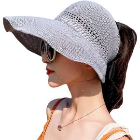 Women UPF 50+ Sun Visor Hat Wide Brim Floppy Beach Hat Foldable Empty Top Hat Roll up Sun Hat with Bowknot