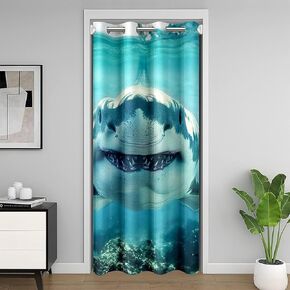 3D Shark Door Curtain 1 Panel,34"W X 80"L,Ocean Theme Sea Animals Privacy Door Drape for Living Room Bedroom Decor, Realistic Underwater Fish Rustic Farmhouse Decor Doorway Curtain for Kids Privacy