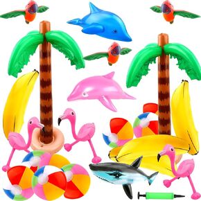 24 Pack Large Inflatable Palm Tree Flamingo Banana Beach Ball Parrot Dolphin Shark Blow up Beach Pool Toys for Tropical Hawaiian Summer Pool Swim Party Decor in Saudi Arabia