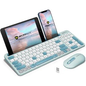 Bluetooth Keyboard and Mouse, MicroPack Wireless Keyboard and Mouse, Multi-Device Dual-Mode (Bluetooth 5.0/3.0+USB 2.4G) Silent Keyboard Mouse with Phone Holder for Mac, iPad, Android, Windows (Blue)