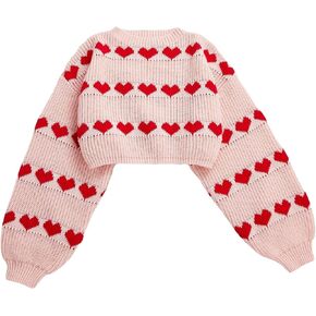 Floerns Women's Crewneck Heart Print Bell Long Sleeve Crop Pullover Sweater