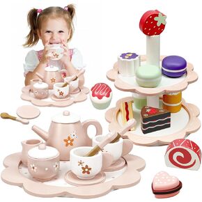 Wooden Kids Tea Set for Girls, 25Pcs Tea Party Set with Play Food Dessert Cakes and Cake Stand for Toddler, Food Pretend Kitchen Accessories Playset for Toddlers