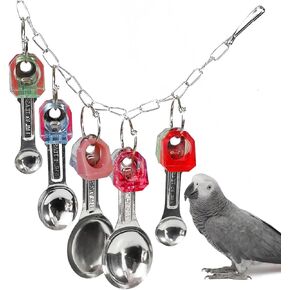 Bird Toys, Shiny Stainless Steel Spoon and Colorful Acrylic Rings Cage Toys, for Medium Large Macaws Parakeets Cockatoos Amazon Conures Budgie Lovebirds Finches African Grey Parrot