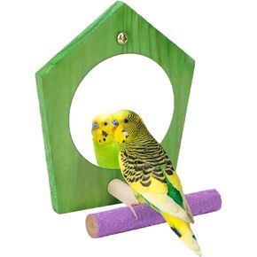 Hypeety Bird Mirror Toy with Perch Cage Standing Accessories Parrot Parakeet Budgies Cockatiel Conure Finch Lovebird African Grey Macaw Amazon Cockatoo Birdcage Wood Perch(Color Random) (Flower Shape)