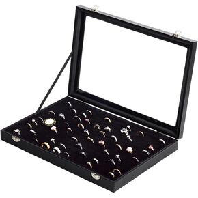 Wowagoga 100 Slots Ring Display Case Organizer Box, Jewelry Storage Case with Transparent Lid, Ring Holder Showcase for Jewelry Rings Studs Earrings, Black in Kuwait