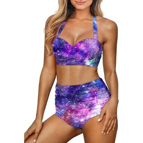 Novelty Print Women's Halter Bikini Set, Trendy 2 Piece Tummy Control High-Waisted Bathing Suits