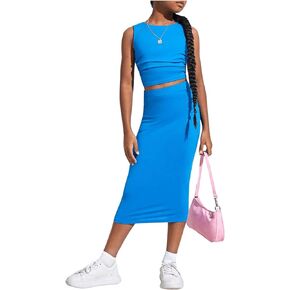 Floerns Girl's 2 Piece Round Neck Ruched Tank Top Elastic Waist Skirt outfit sets