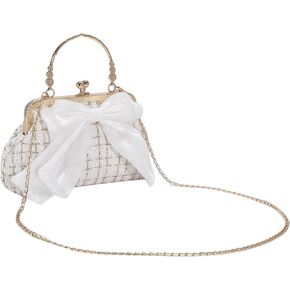 QWINEE Plaid Pattern Purses for Women Bow Front Kiss Lock Purse Top Handle Handbag with Shoulder Chain