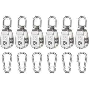 uxcell Set of 6 M15 Single Pulley Block with Spring Snap Hook, 304 Stainless Steel Hanging Wire Towing Wheel, Crane Pulley Roller Loading 80lbs