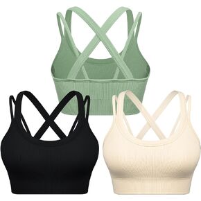 WANAYOU Cross Back Sports Bras Padded Strappy Criss Cross Workout Bras Ribbed Seamless Medium Support Yoga Bra 3 Pack