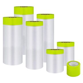 Pre-Taped Masking Film- Assorted Size Tape and Drape Painters Plastic Rolls, Plastic Painting Film for Automotive Painting Covering（Masking Film:6rolls,Tape:3rolls）