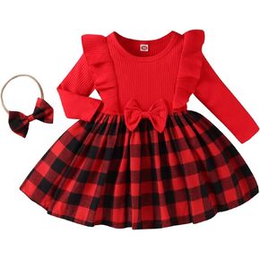 Baby Girl Clothes, Long Sleeve One Piece Romper Plaid Patchwork Dress Lace Ruffles Bodysuit with Bow Headband