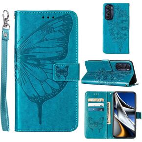 متوافق مع محفظة Moto G Stylus 5G 2022، [مسند] [حزام المعصم] [فتحات حامل البطاقة] جلد PU منقوش عليه زهور الفراشة لهاتف Moto G Stylus 5G (2022) غطاء قلاب (أزرق) in Kuwait