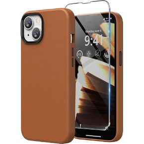SURPHY Designed for Faux Leather iPhone 14 Case with Screen Protector (6.1 inch), Metallic Buttons & Microfiber Lining Leather Phone Case for 14, Brown