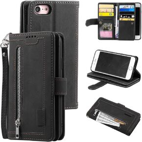 UEEBAI Wallet Case for iPhone SE 2022 5G/iPhone 7/iPhone 8/iPhone SE 2020, Retro 9 Card Slots Zipper Pocket Handbag Case PU Leather Magnetic Cover Wrist Strap Flip Case for iPhone SE3/SE2 - Black