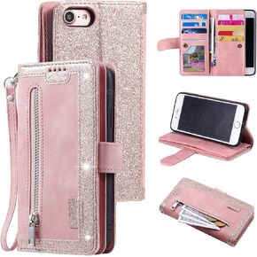 UEEBAI Wallet Case for iPhone SE 2022 5G/iPhone 7/iPhone 8/iPhone SE 2020, Retro 9 Card Slots Zipper Pocket Handbag Case PU Leather Magnetic Cover Wrist Strap Flip Case for iPhone SE3/SE2 - Black in Saudi Arabia