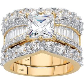 PalmBeach Yellow Gold-Plated or Platinum-Plated Sterling Silver Princess Cut Cubic Zirconia Bridal Ring Set Size 7