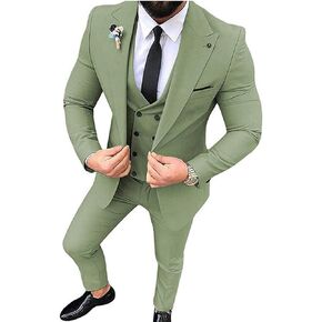 Men's Peak Lapel Sage 3 Piece Slim Fit Business Suit Prom Tuxedos Wedding Groomsmen 44/38