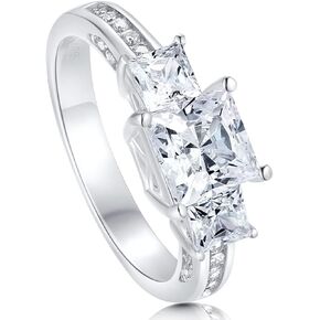 2 3/5 Carat (ctw) 3-Stone Princess Cut Moissanite engagement Rings for women Platinum Plated Silver moissanite rings (Available in size 6, 7, 8, 9)