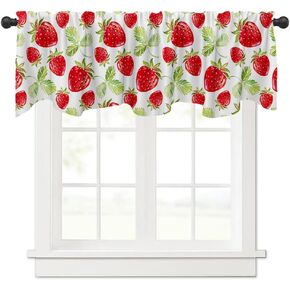 Fanghui Red Strawberry Window Treatment Valance 54X18in Watercolor Fruit Summer Strawberry Window Valance with Rod Pocket for Kitchen Dining Room Window Decoration