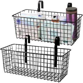 2 Pack Bedside Hanging Wire Basket for Storage Bedside Caddy Hanging Organizer Bunk Bed Shelf Holder Pocket for College Dorm Room Baby Bed Rails (White/Large)
